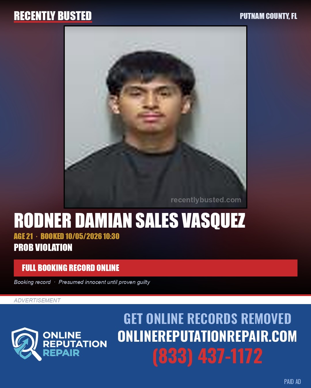 Rodner Damian Sales Vasquez — arrest record card, Putnam County, Florida