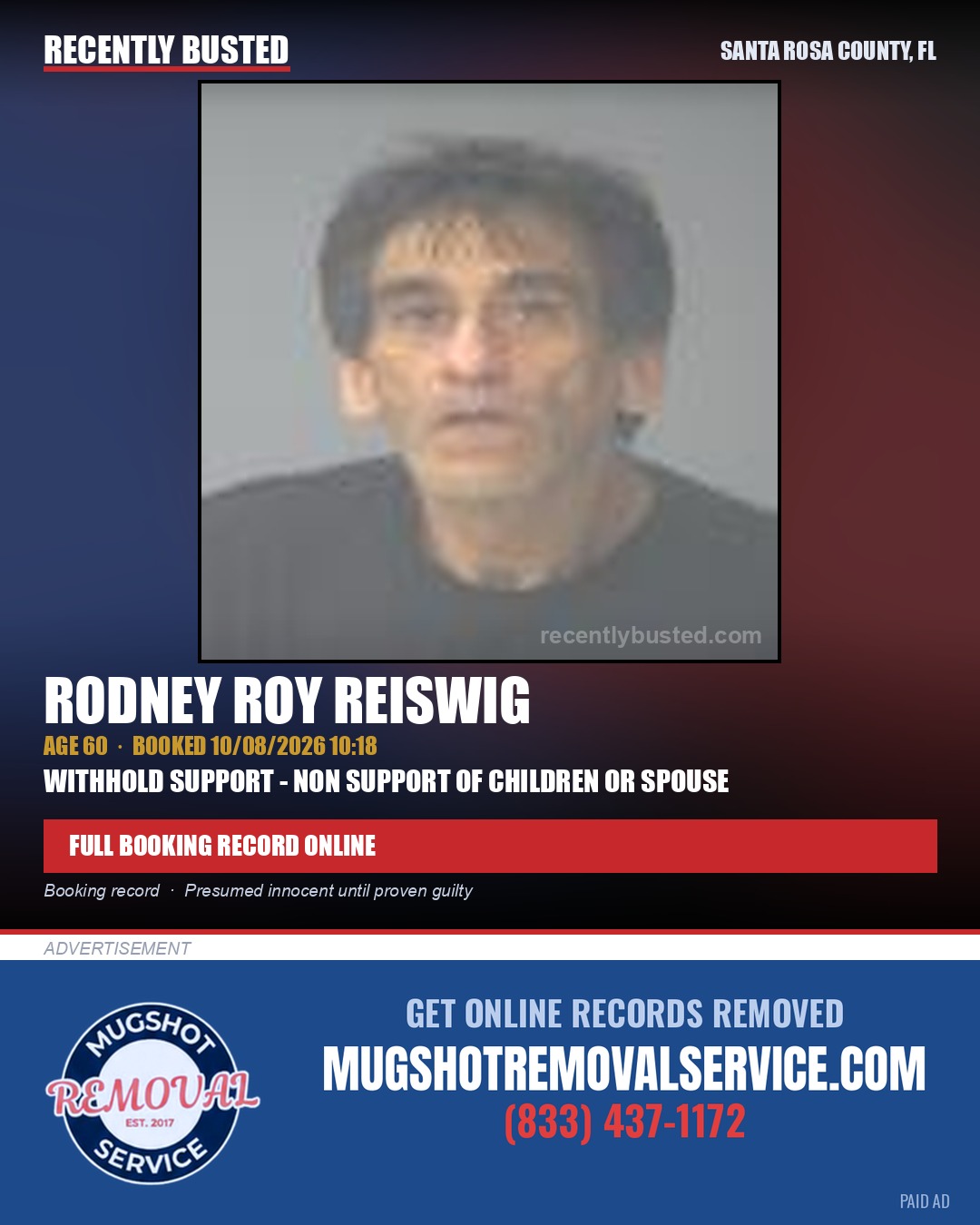 Rodney Roy Reiswig — arrest record card, Santa Rosa County, Florida