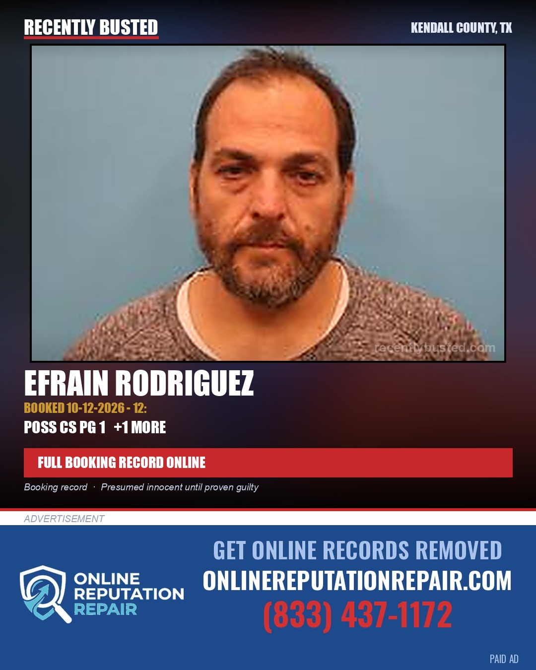 Rodriguez, Efrain — arrest record card, Kendall County, Texas