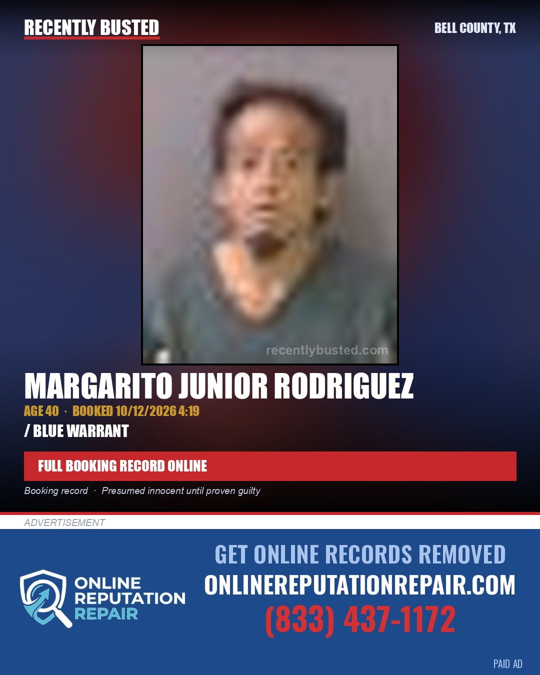 RODRIGUEZ, MARGARITO  JUNIOR — arrest record card, Bell County, Texas