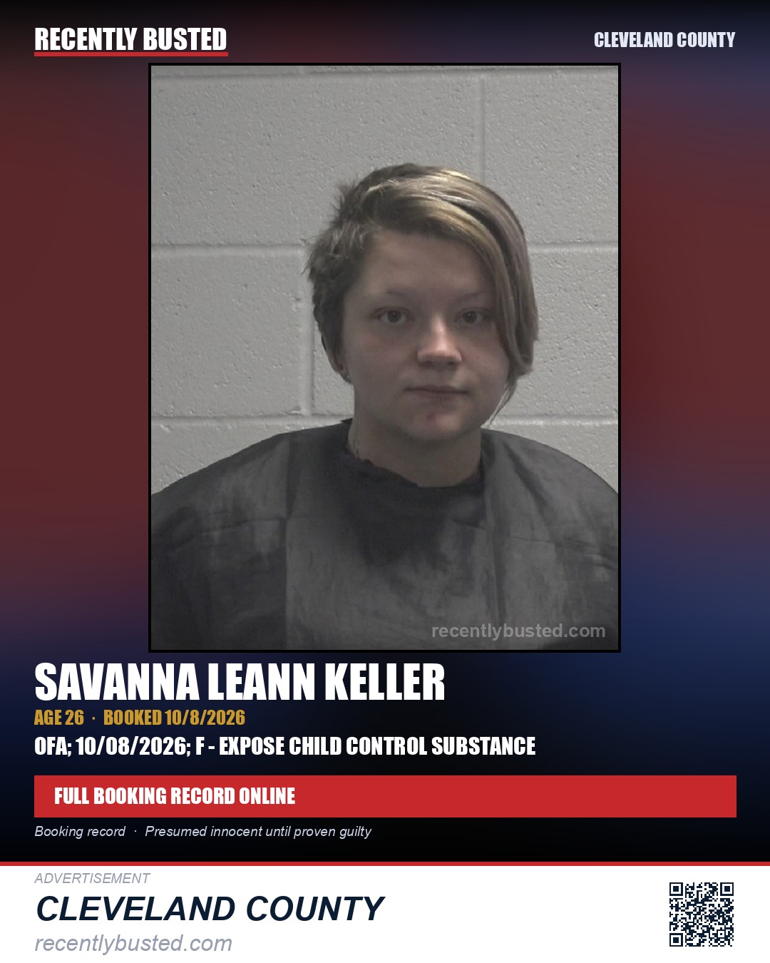 SAVANNA LEANN KELLER — arrest record card, Cleveland County