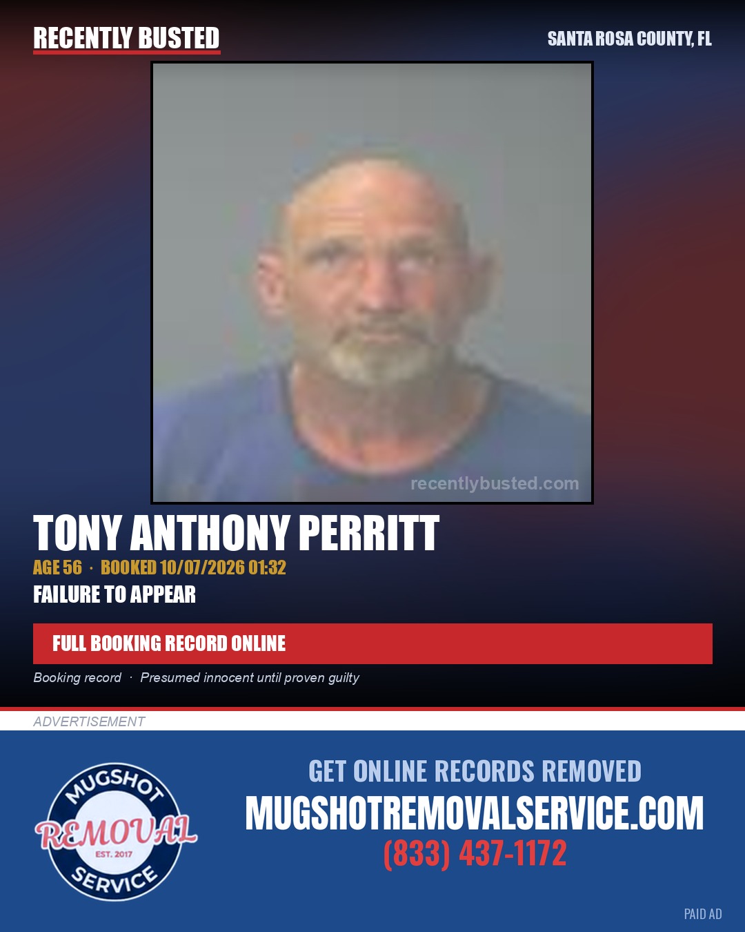 Tony Anthony Perritt — arrest record card, Santa Rosa County, Florida