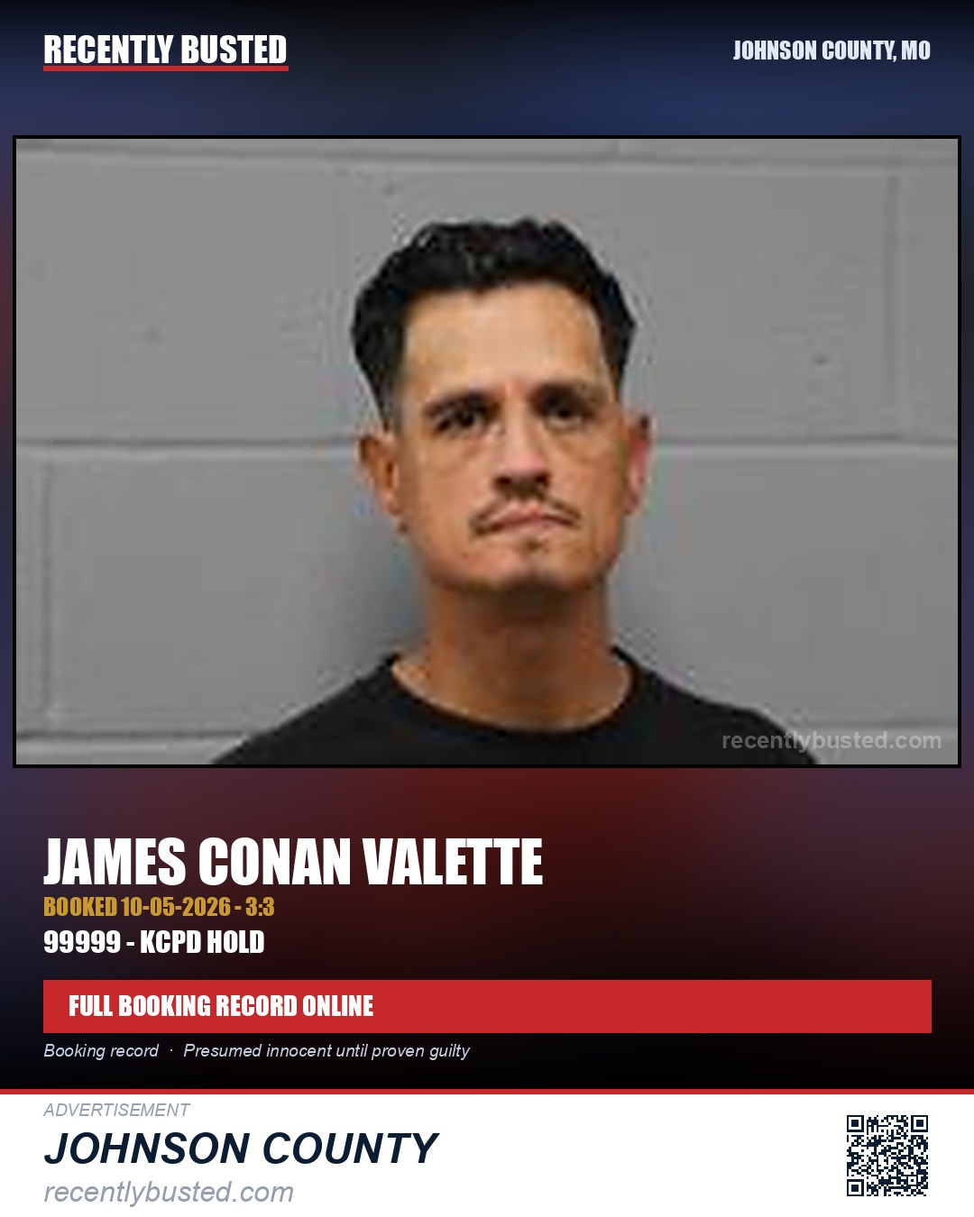 VALETTE, JAMES CONAN — arrest record card, Johnson County, Missouri