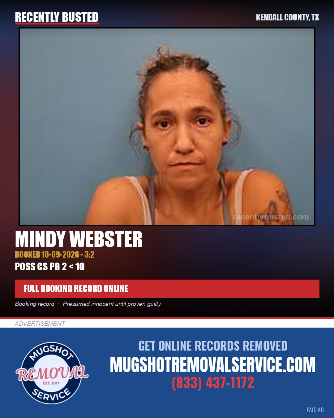 Webster, Mindy — arrest record card, Kendall County, Texas
