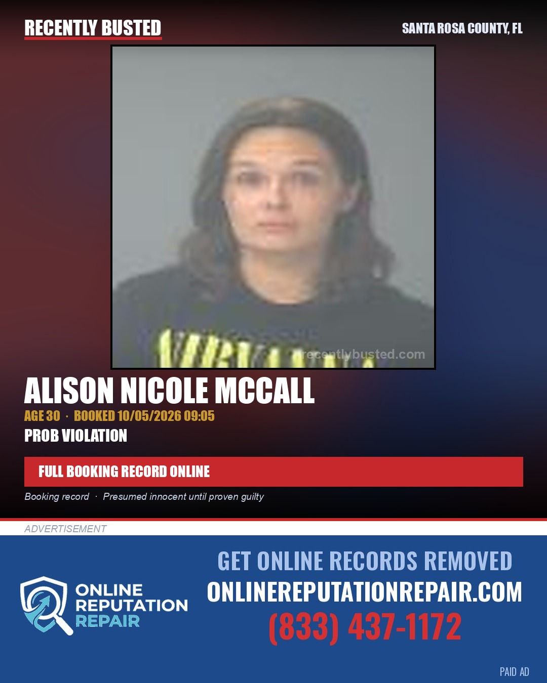 Alison Nicole Mccall — arrest record card, Santa Rosa County, Florida
