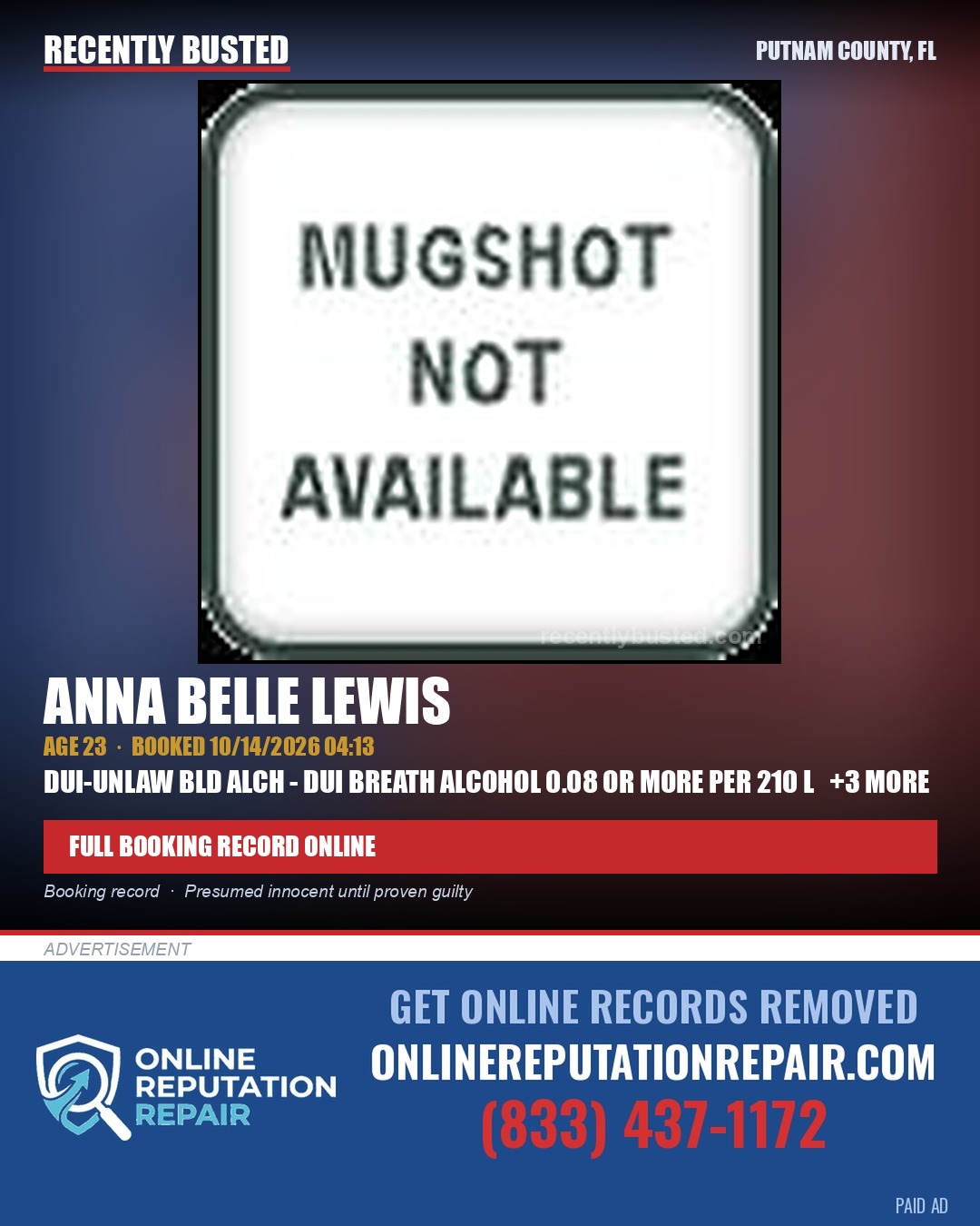 Anna Belle Lewis — arrest record card, Putnam County, Florida