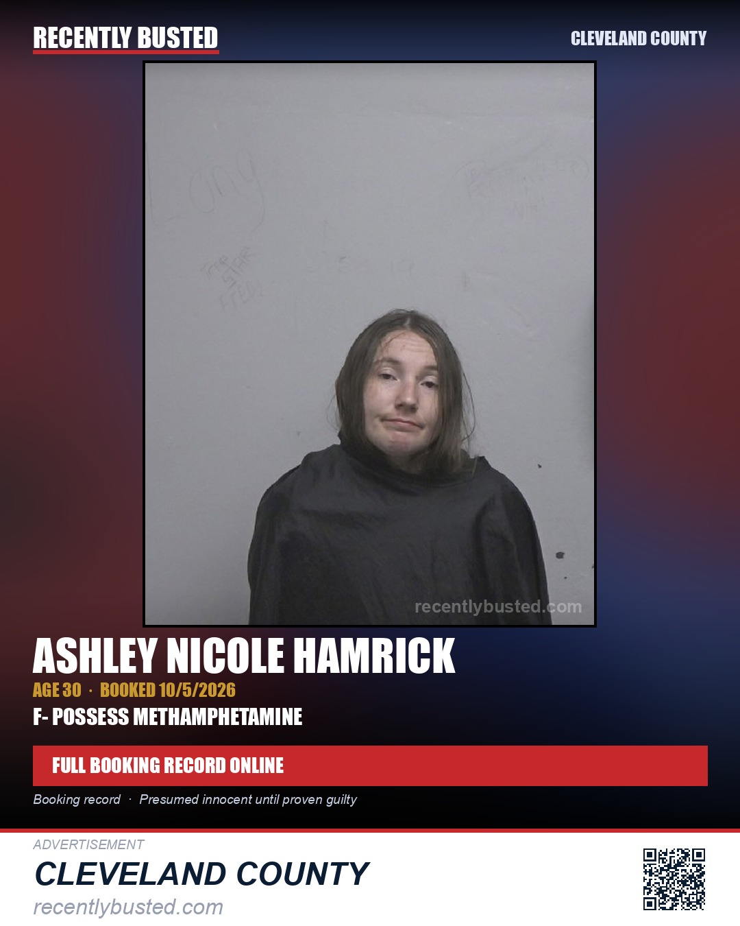 ASHLEY NICOLE HAMRICK — arrest record card, Cleveland County
