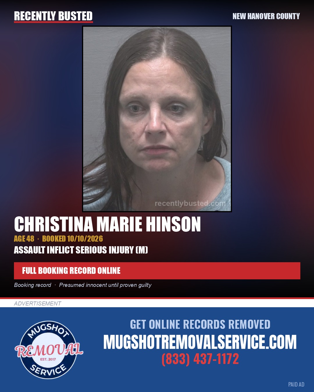 CHRISTINA MARIE HINSON — arrest record card, New Hanover County