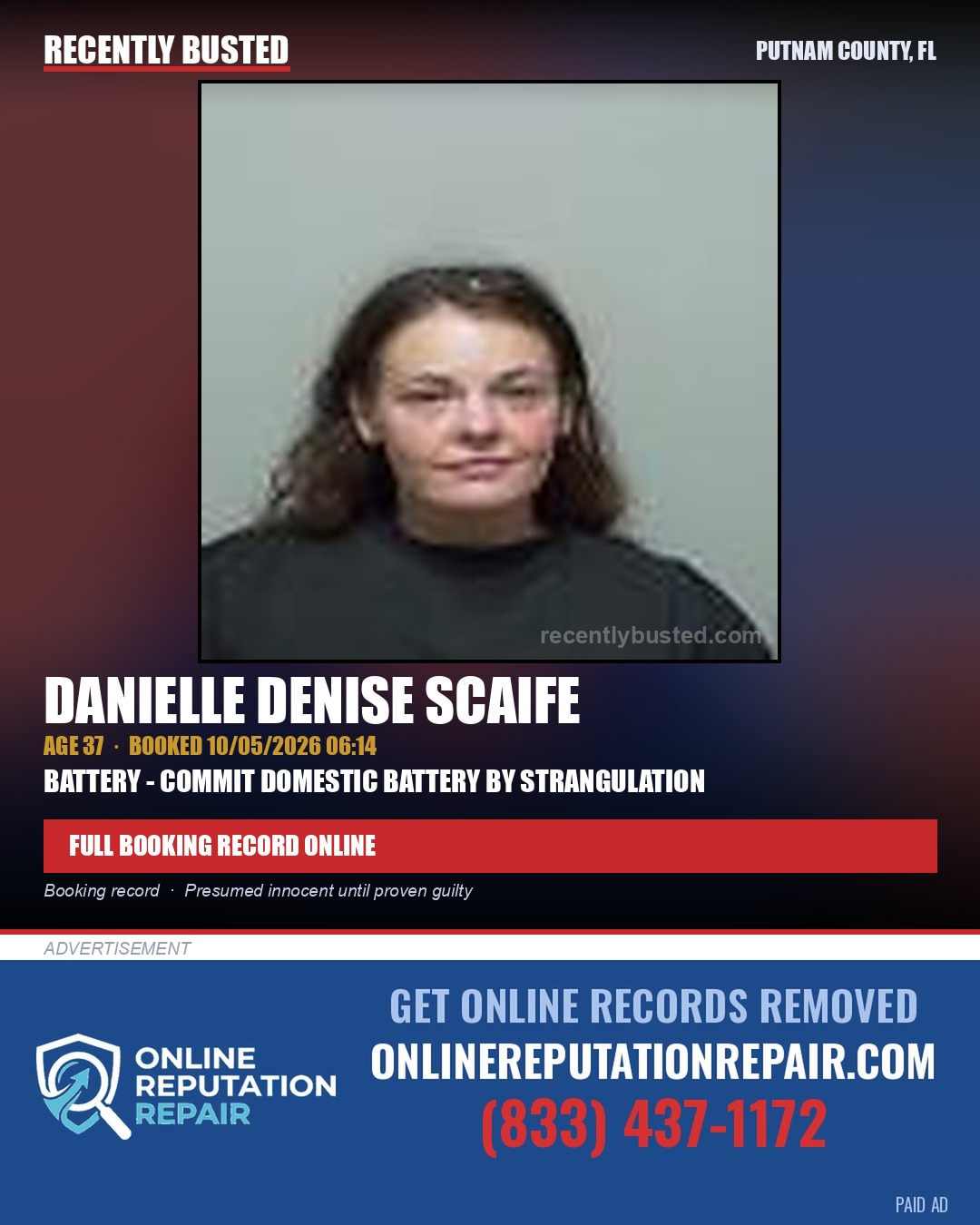 Danielle Denise Scaife — arrest record card, Putnam County, Florida