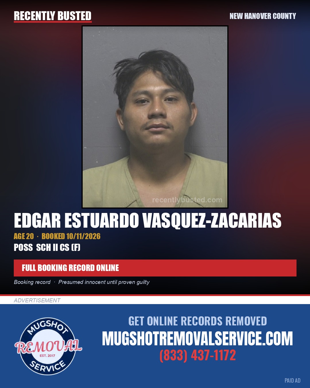 EDGAR ESTUARDO VASQUEZ-ZACARIAS — arrest record card, New Hanover County