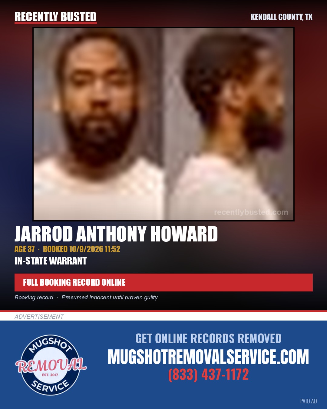 HOWARD, JARROD ANTHONY — arrest record card, Kendall County, Illinois