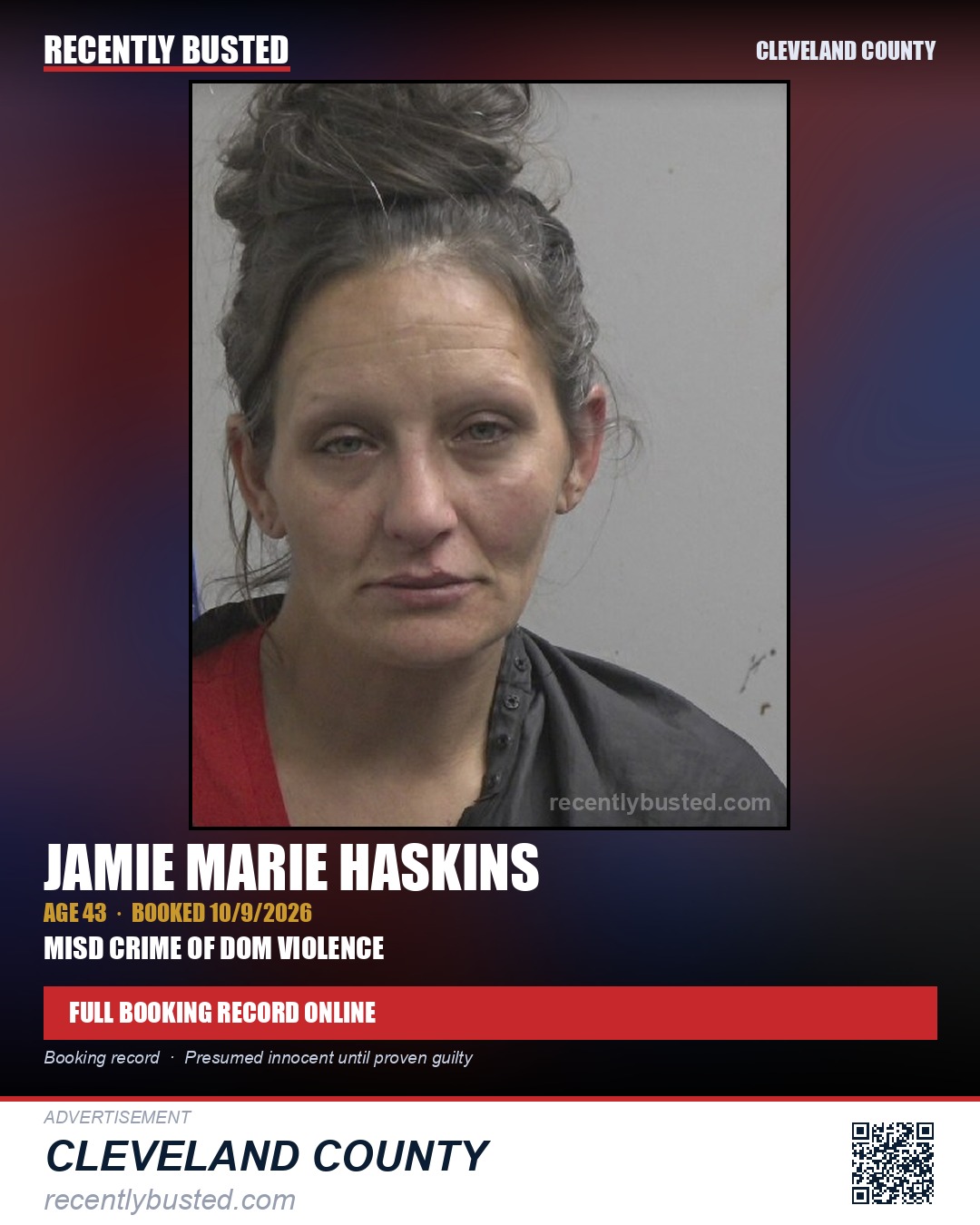 JAMIE MARIE HASKINS — arrest record card, Cleveland County