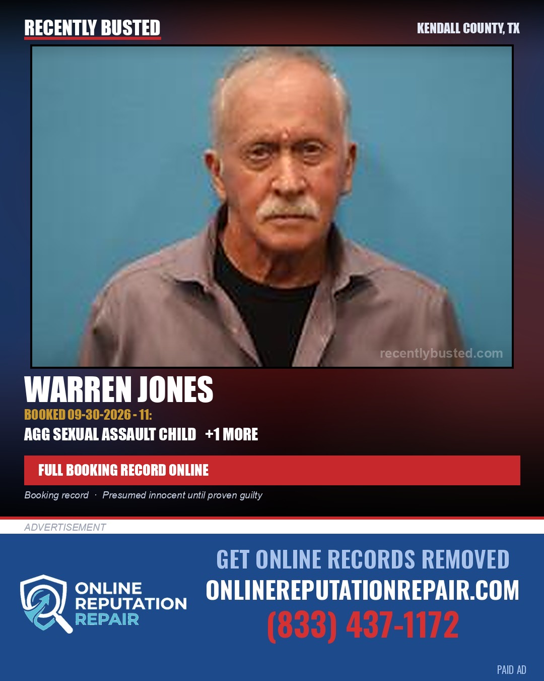 Jones, Warren — arrest record card, Kendall County, Texas