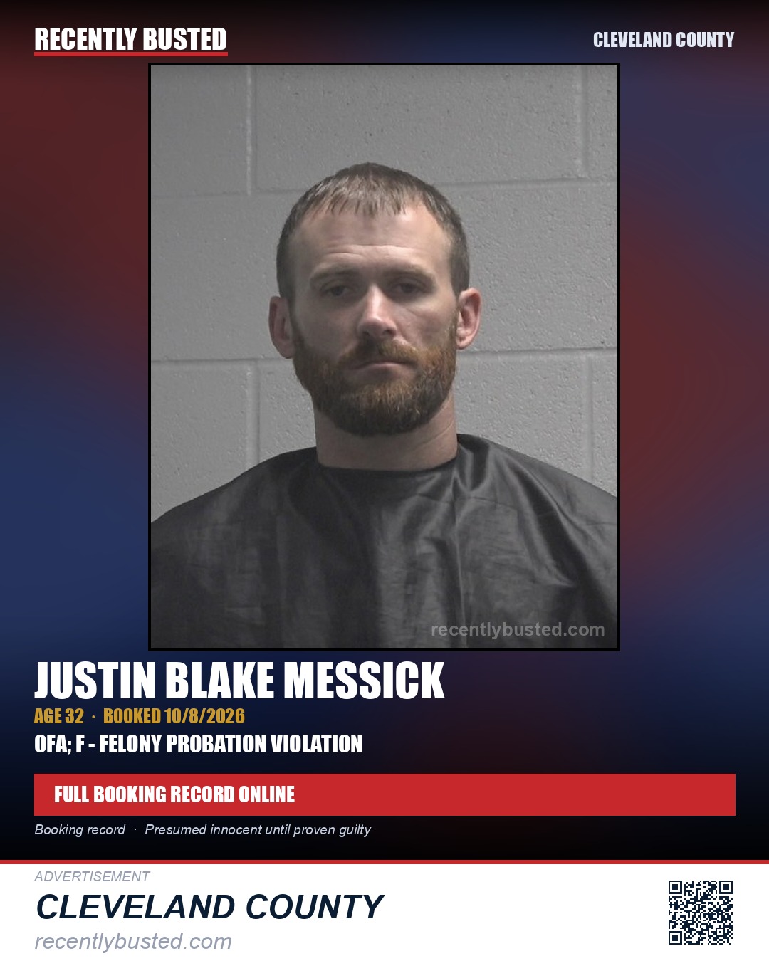 JUSTIN BLAKE MESSICK — arrest record card, Cleveland County