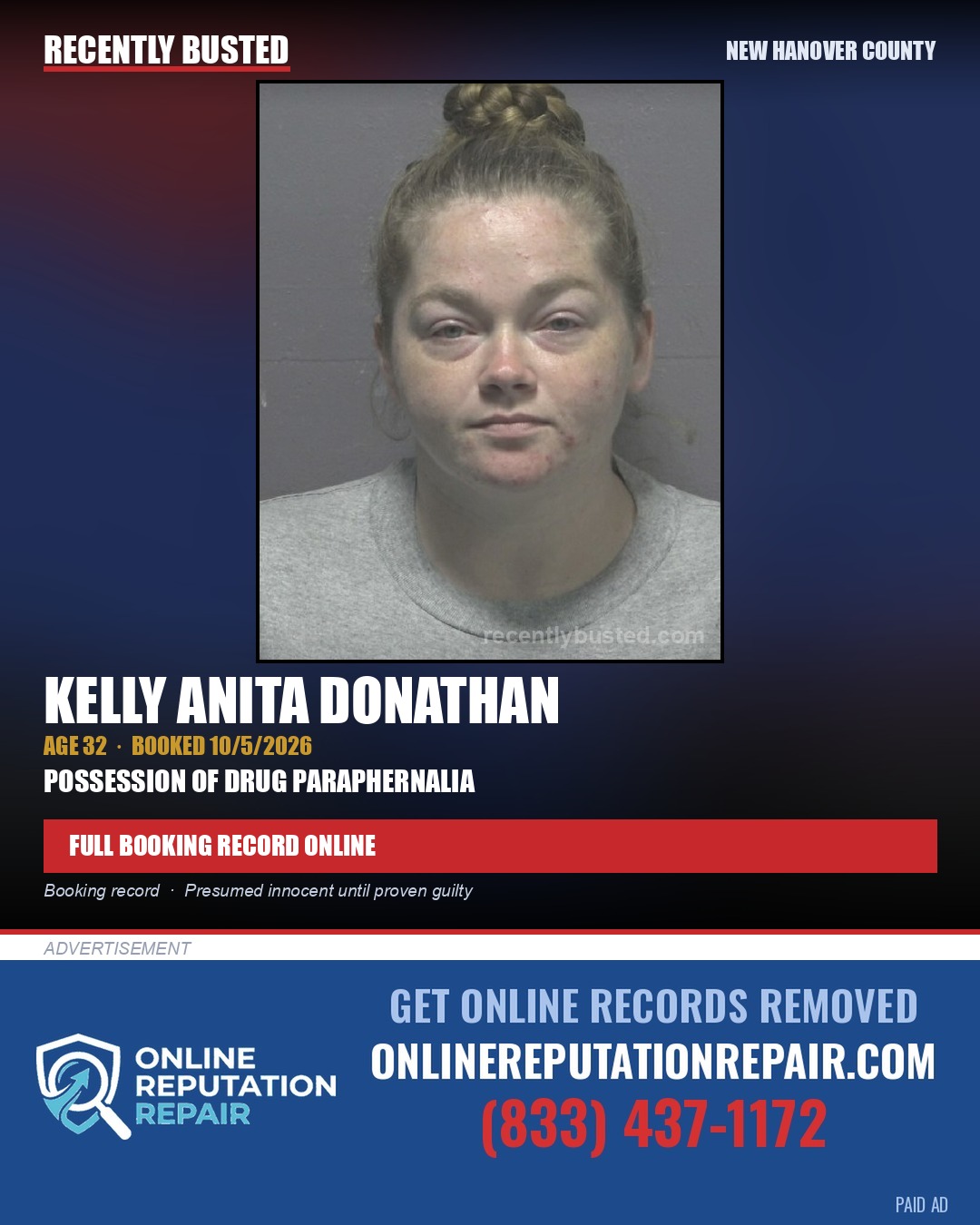 KELLY ANITA DONATHAN — arrest record card, New Hanover County