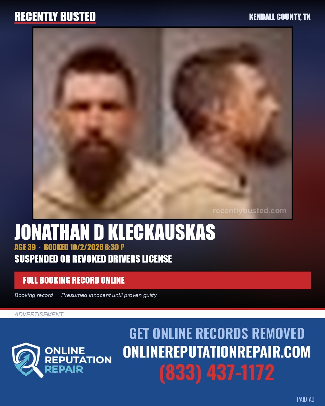 KLECKAUSKAS, JONATHAN D — arrest record card, Kendall County, Illinois