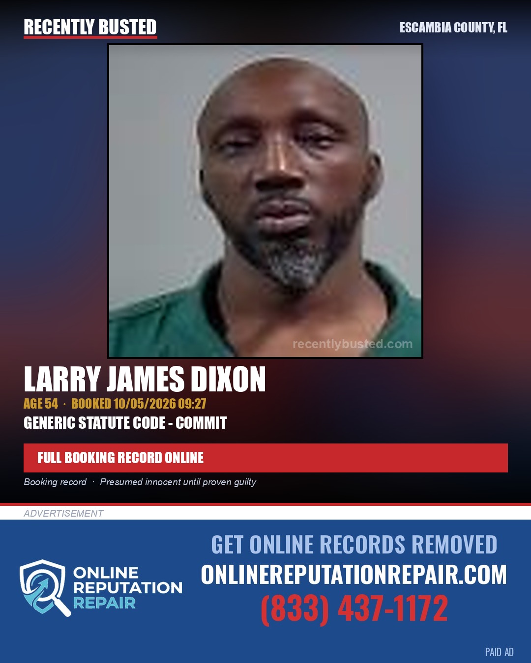 Larry James Dixon — arrest record card, Escambia County, Florida