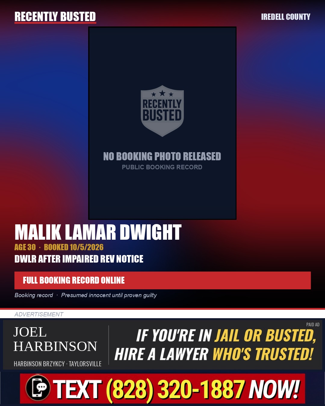 MALIK LAMAR DWIGHT — arrest record card, Iredell County