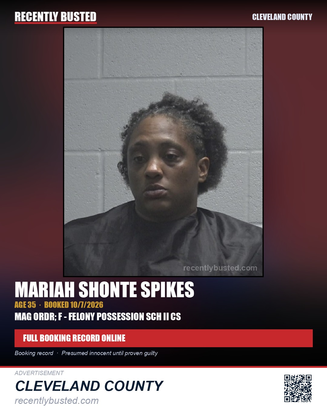 MARIAH SHONTE SPIKES — arrest record card, Cleveland County