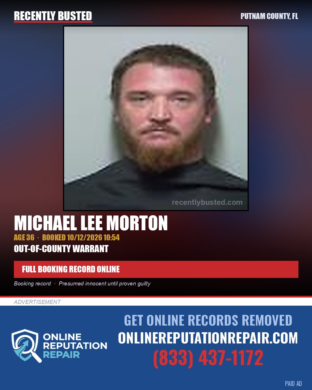 Michael Lee Morton — arrest record card, Putnam County, Florida