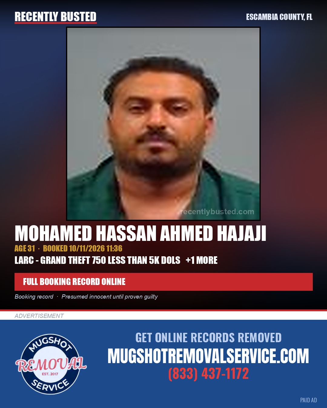 Mohamed Hassan Ahmed Hajaji — arrest record card, Escambia County, Florida
