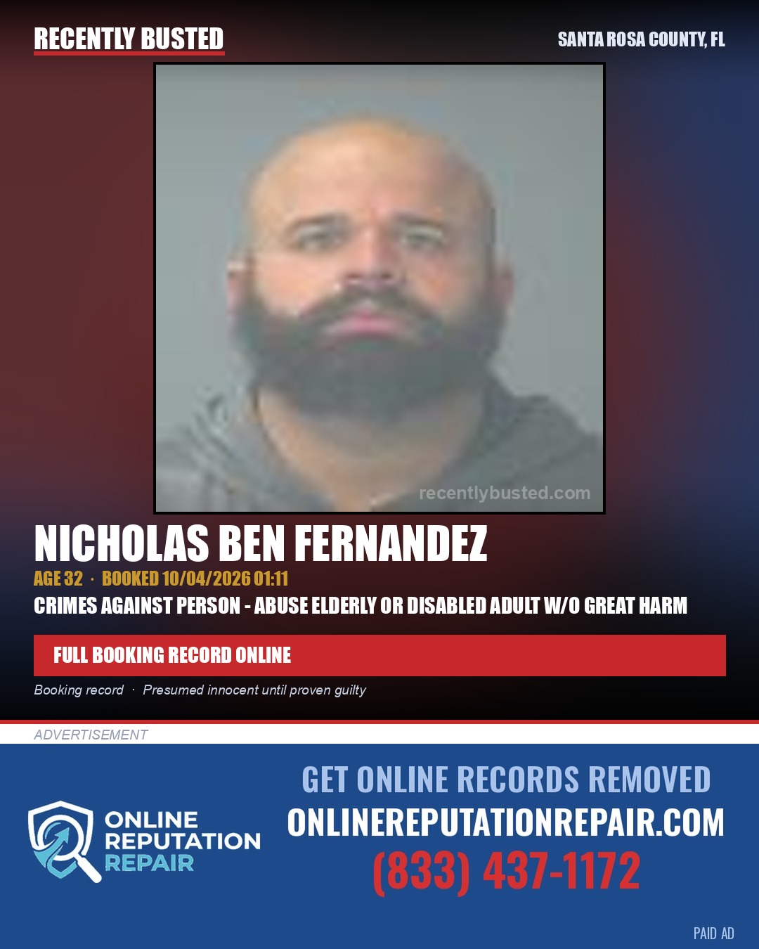 Nicholas Ben Fernandez — arrest record card, Santa Rosa County, Florida