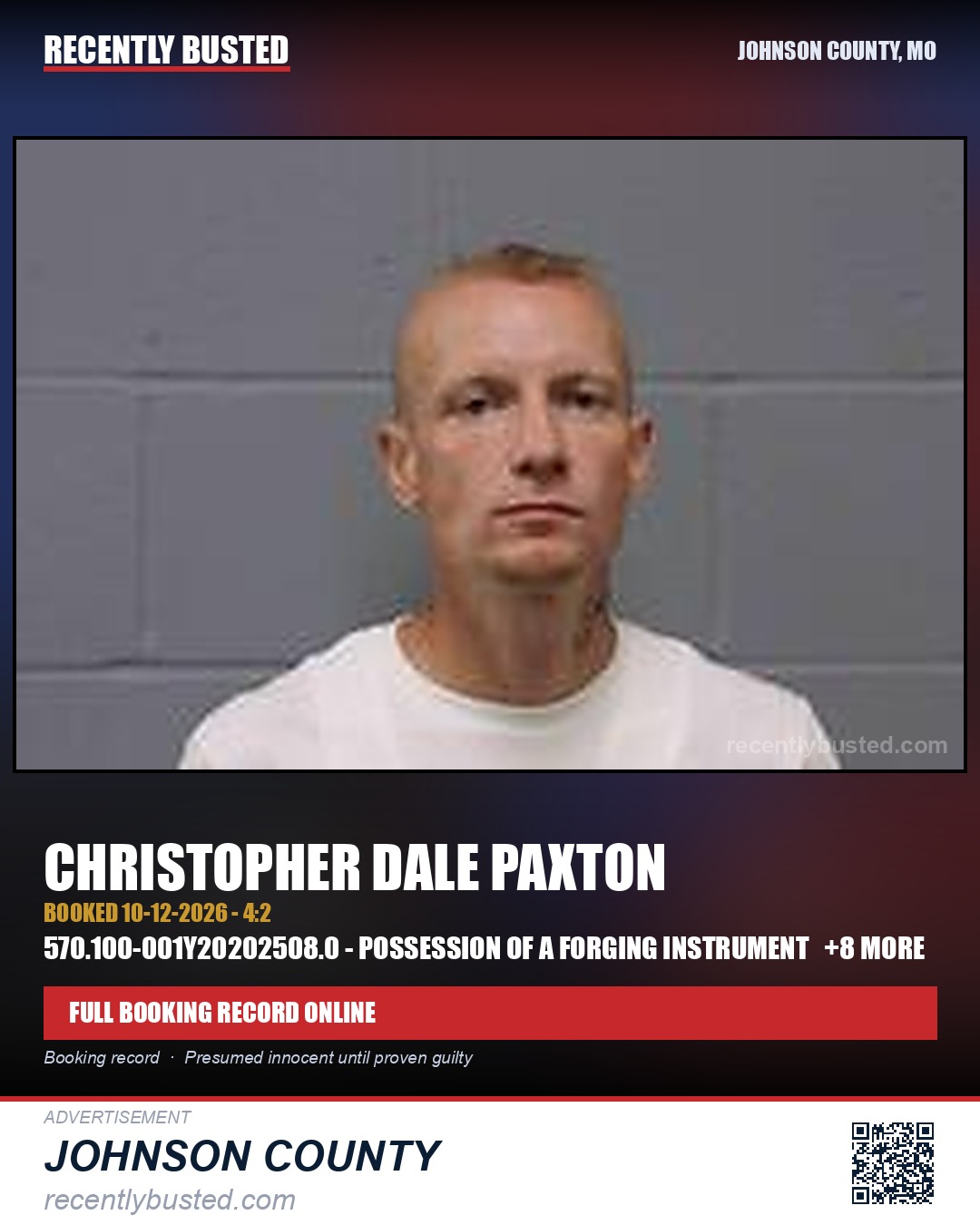 PAXTON, CHRISTOPHER DALE — arrest record card, Johnson County, Missouri