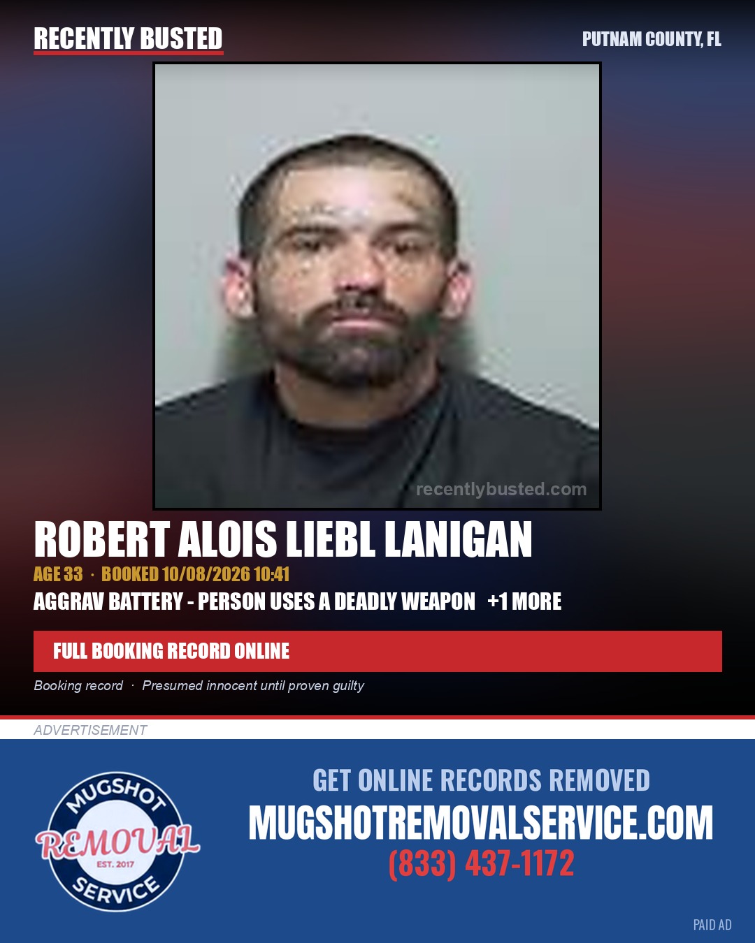 Robert Alois Liebl Lanigan — arrest record card, Putnam County, Florida