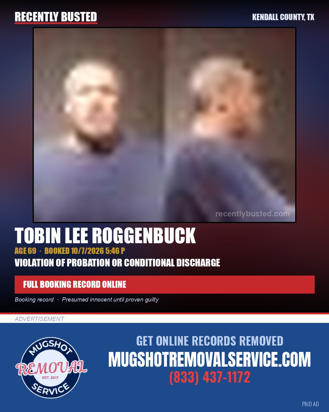 ROGGENBUCK, TOBIN LEE — arrest record card, Kendall County, Illinois