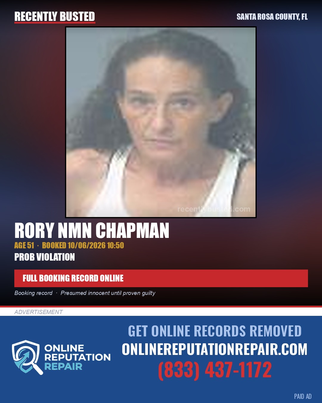 Rory Nmn Chapman — arrest record card, Santa Rosa County, Florida