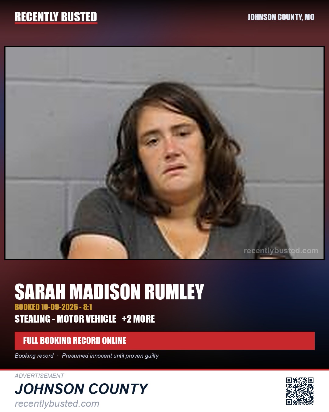 RUMLEY, SARAH MADISON — arrest record card, Johnson County, Missouri