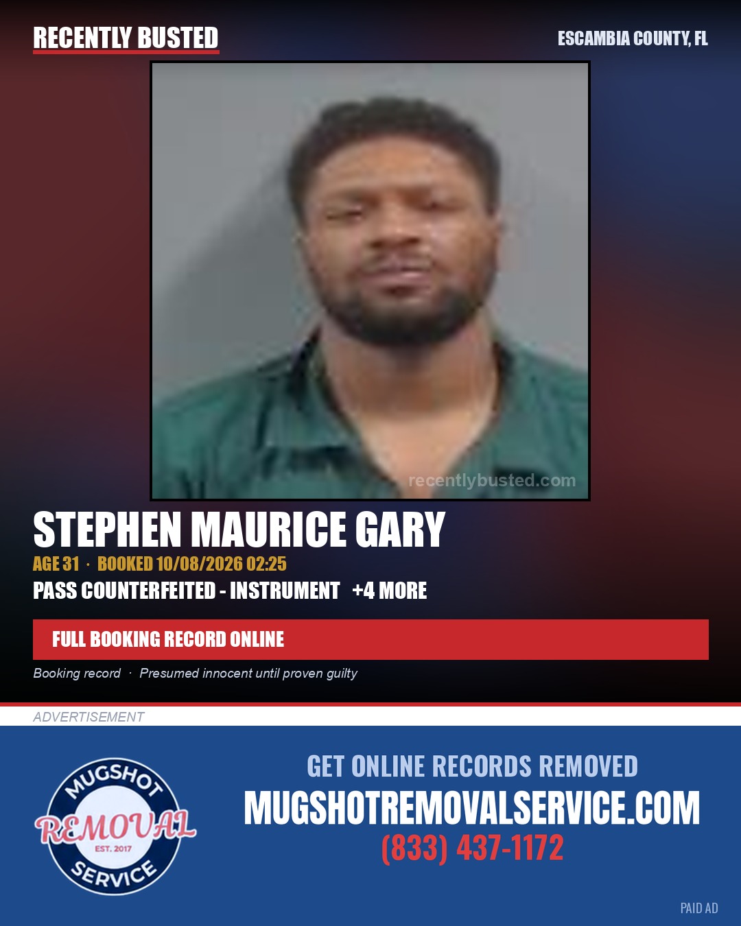 Stephen Maurice Gary — arrest record card, Escambia County, Florida
