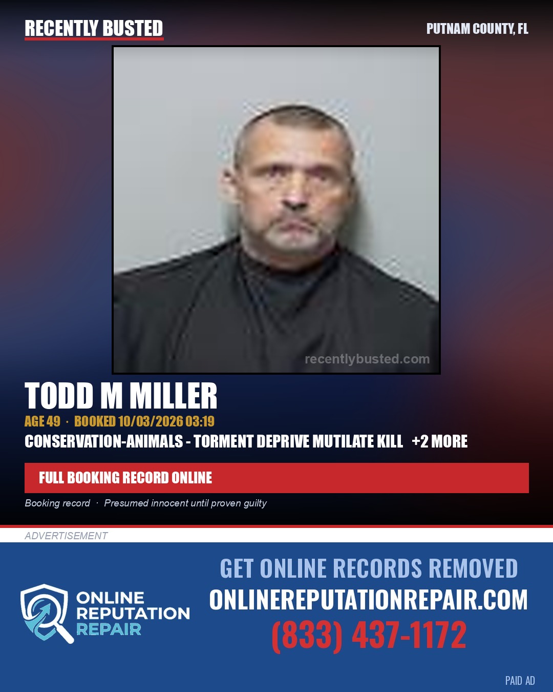 Todd M Miller — arrest record card, Putnam County, Florida