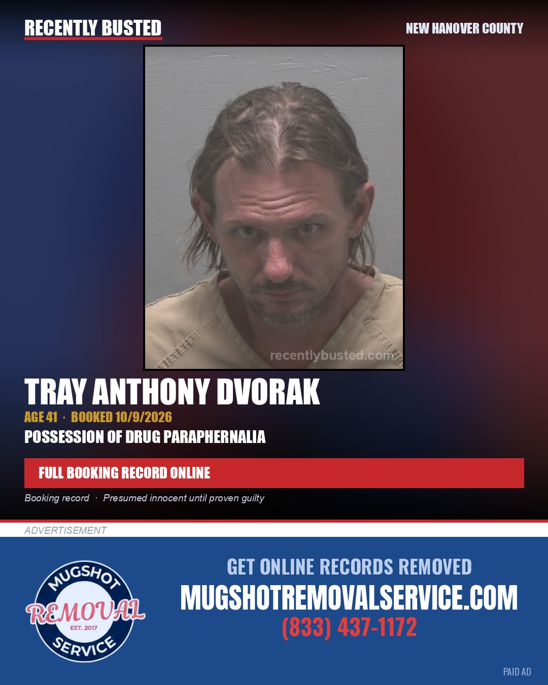 TRAY ANTHONY DVORAK — arrest record card, New Hanover County