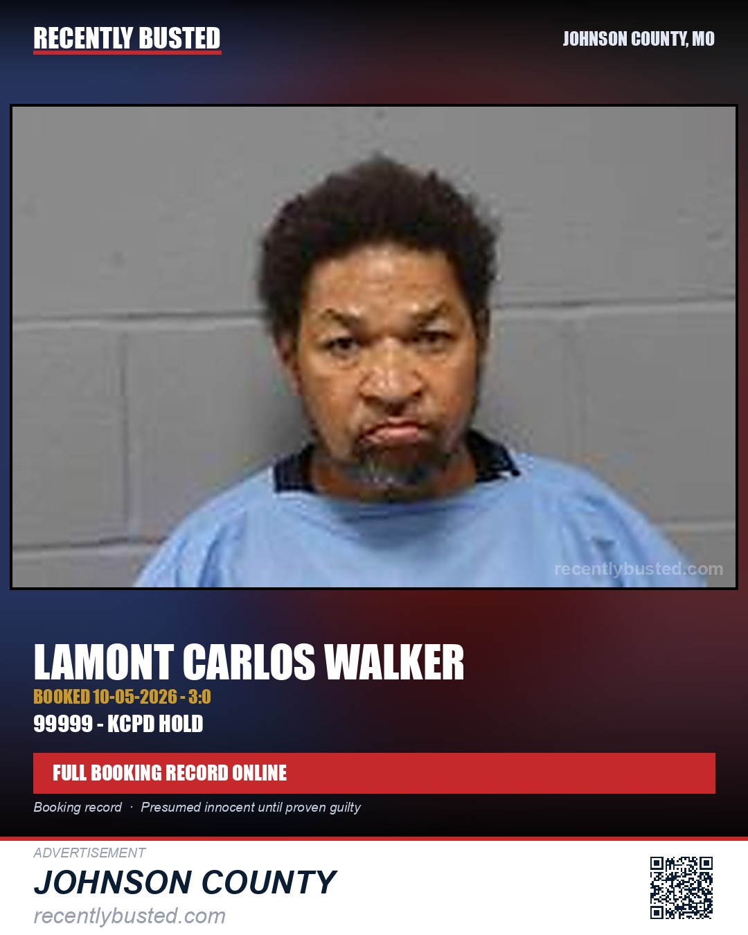 WALKER, LAMONT CARLOS — arrest record card, Johnson County, Missouri