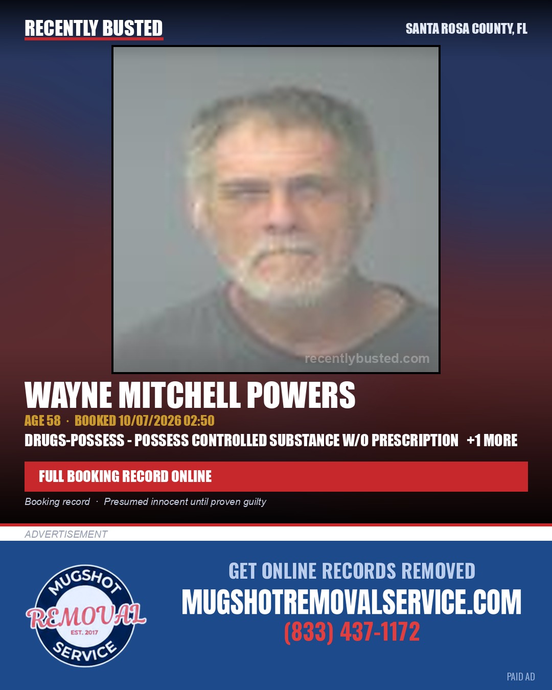 Wayne Mitchell Powers — arrest record card, Santa Rosa County, Florida