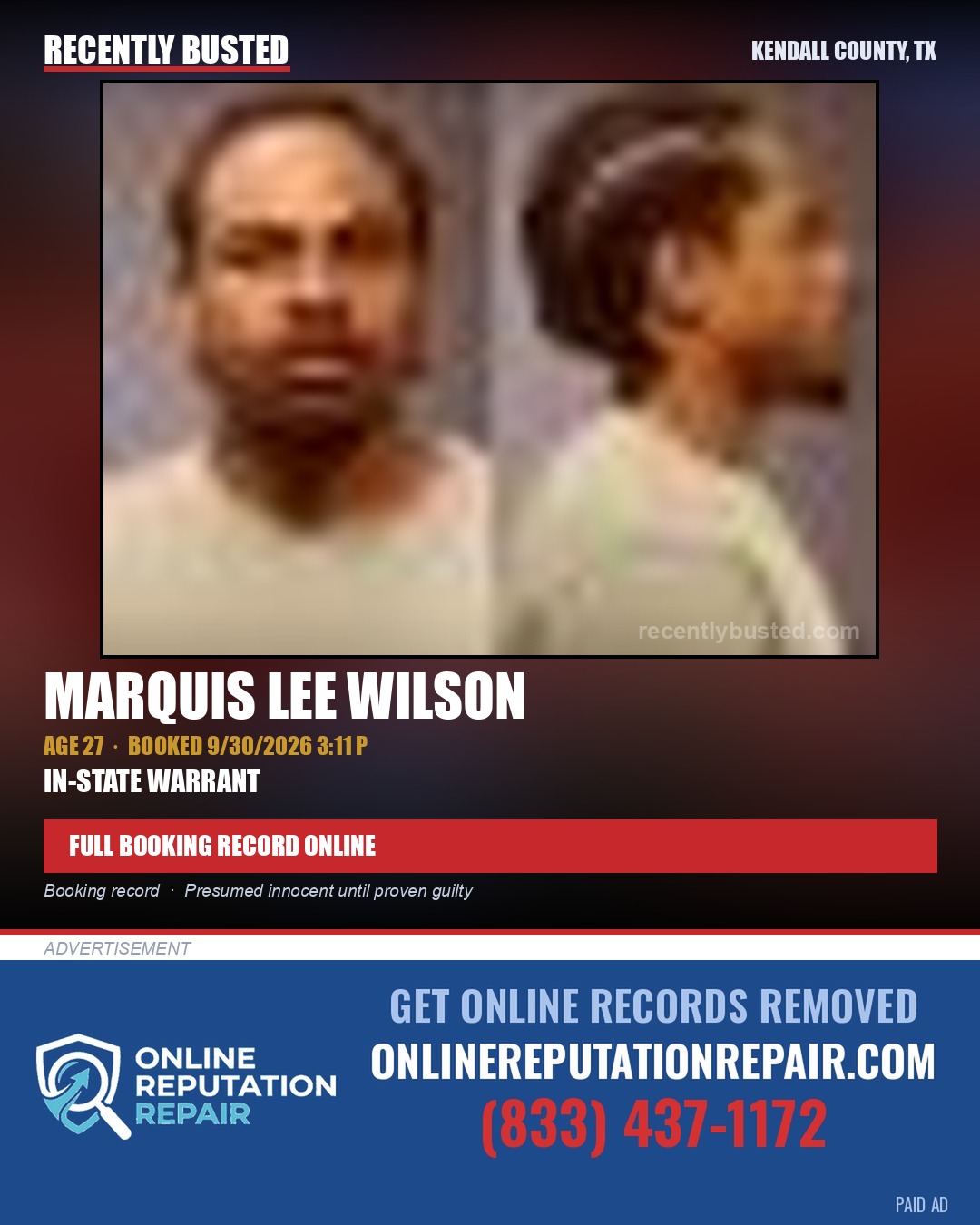 WILSON, MARQUIS LEE — arrest record card, Kendall County, Illinois