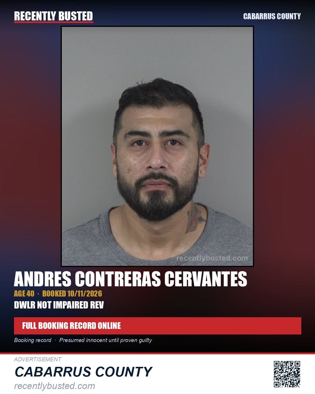 ANDRES CONTRERAS CERVANTES — arrest record card, Cabarrus County