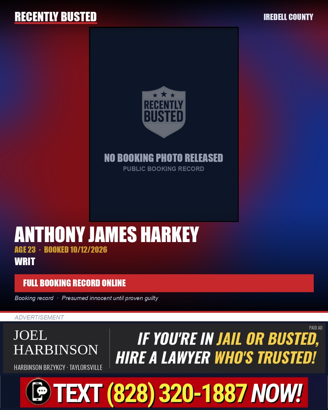 ANTHONY JAMES HARKEY — arrest record card, Iredell County