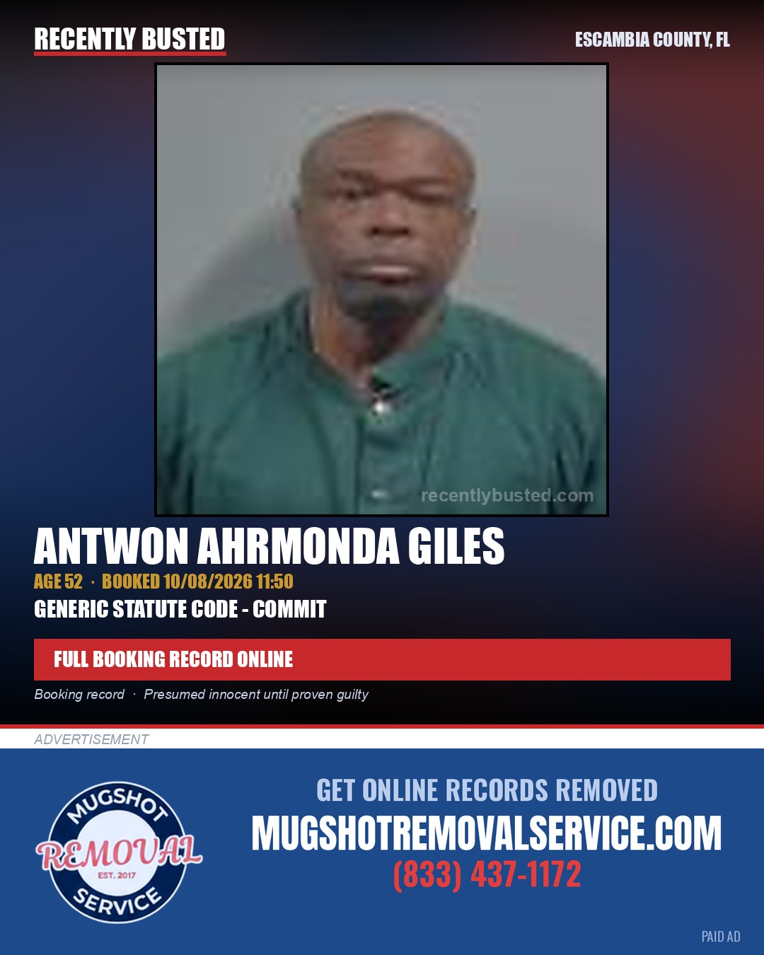 Antwon Ahrmonda Giles — arrest record card, Escambia County, Florida