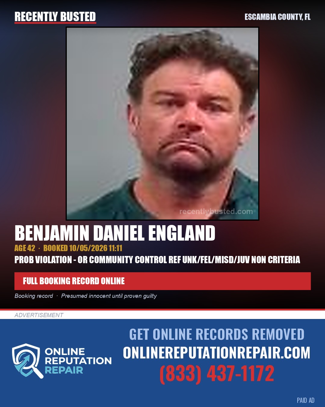 Benjamin Daniel England — arrest record card, Escambia County, Florida
