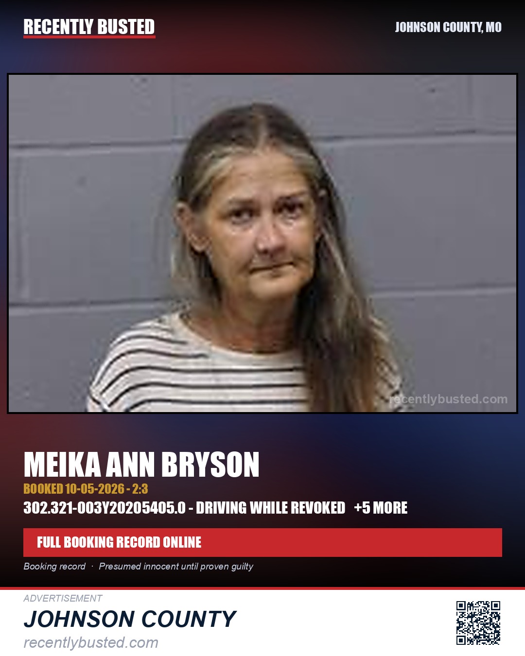 BRYSON, MEIKA ANN — arrest record card, Johnson County, Missouri