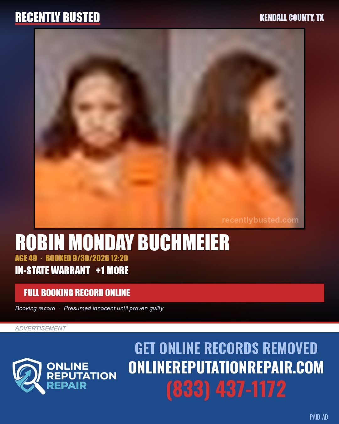 BUCHMEIER, ROBIN MONDAY — arrest record card, Kendall County, Illinois