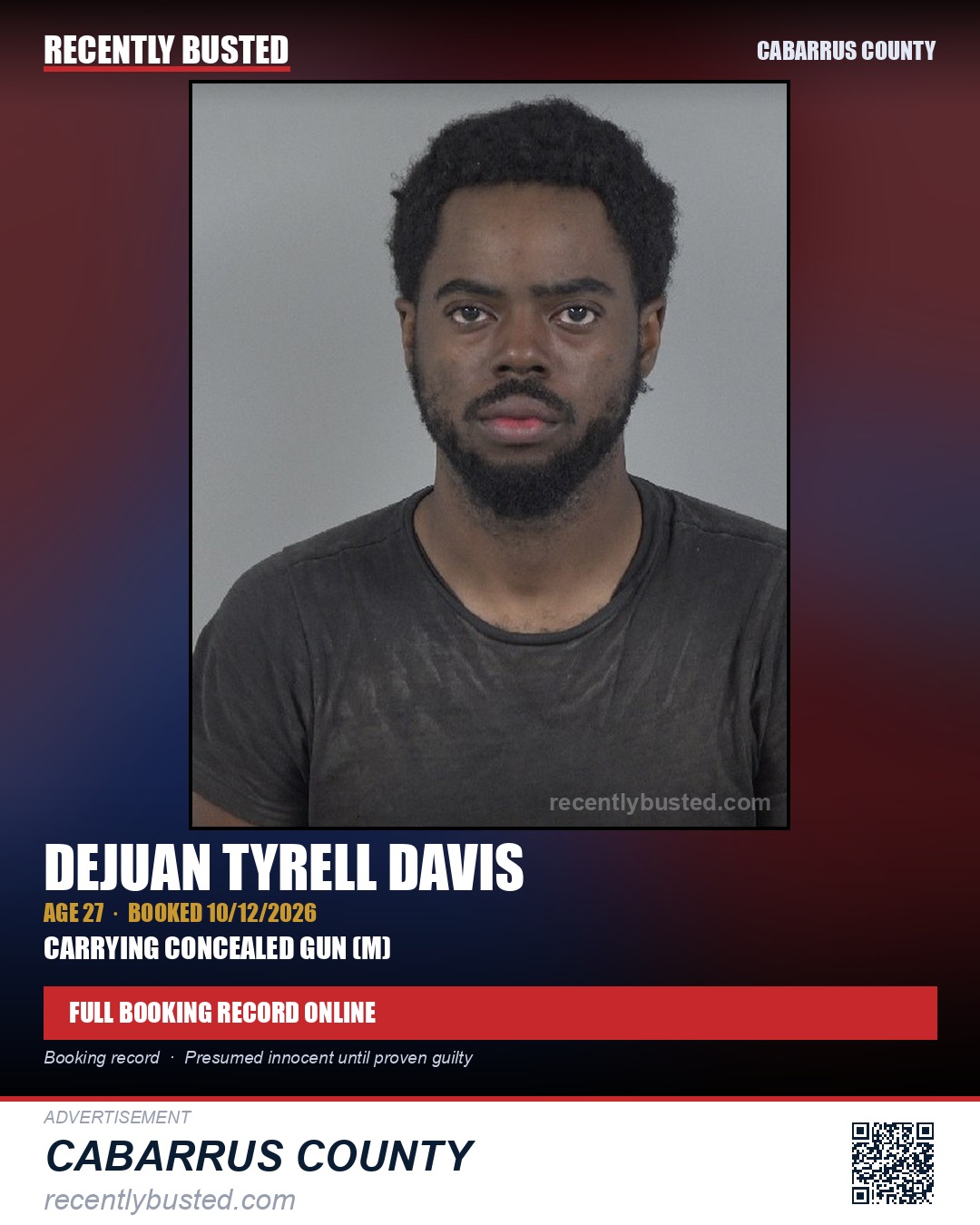 DEJUAN TYRELL DAVIS — arrest record card, Cabarrus County