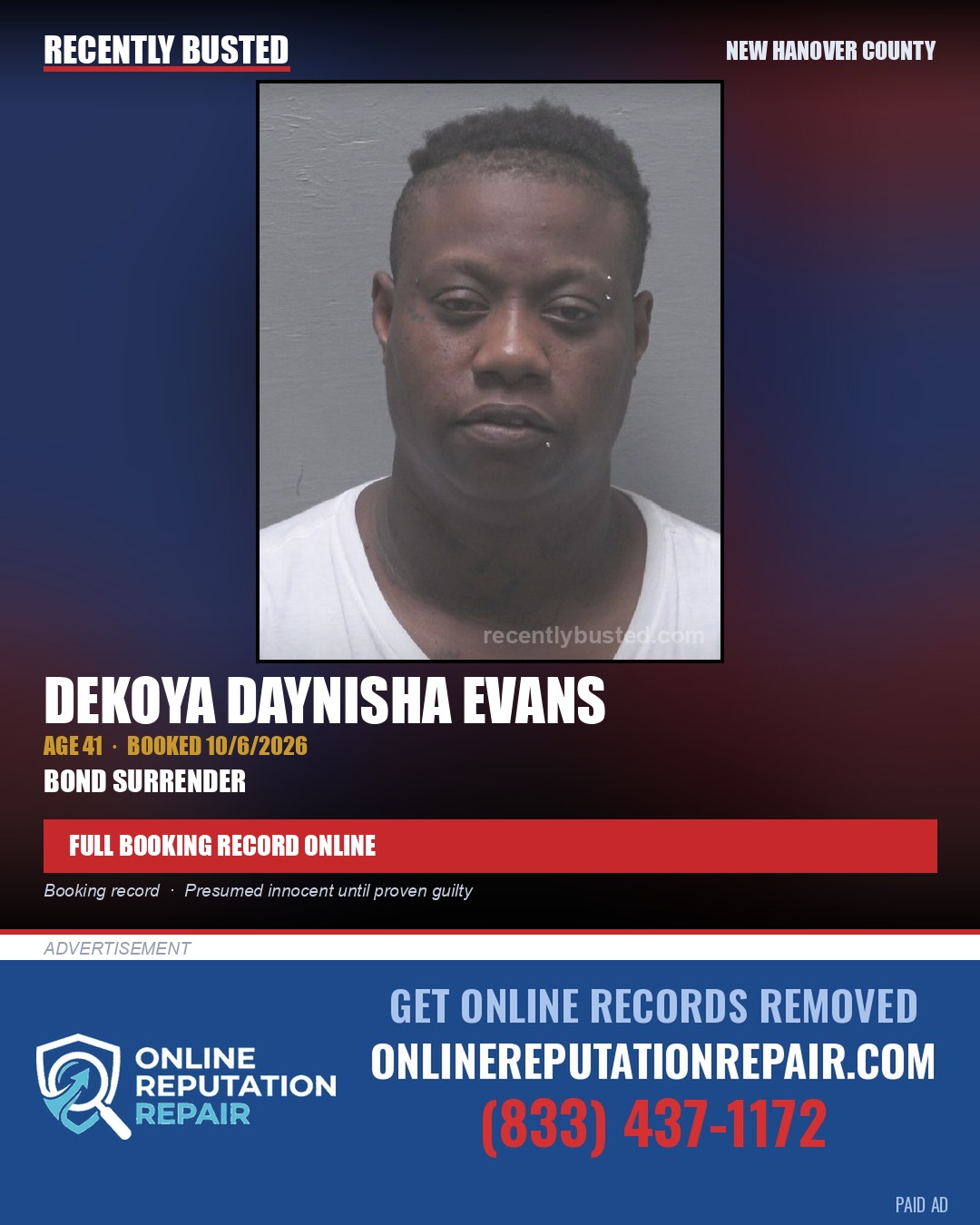 DEKOYA DAYNISHA EVANS — arrest record card, New Hanover County