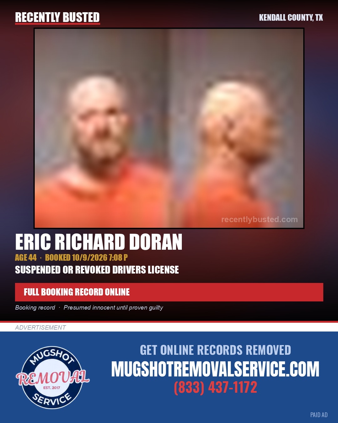 DORAN, ERIC RICHARD — arrest record card, Kendall County, Illinois