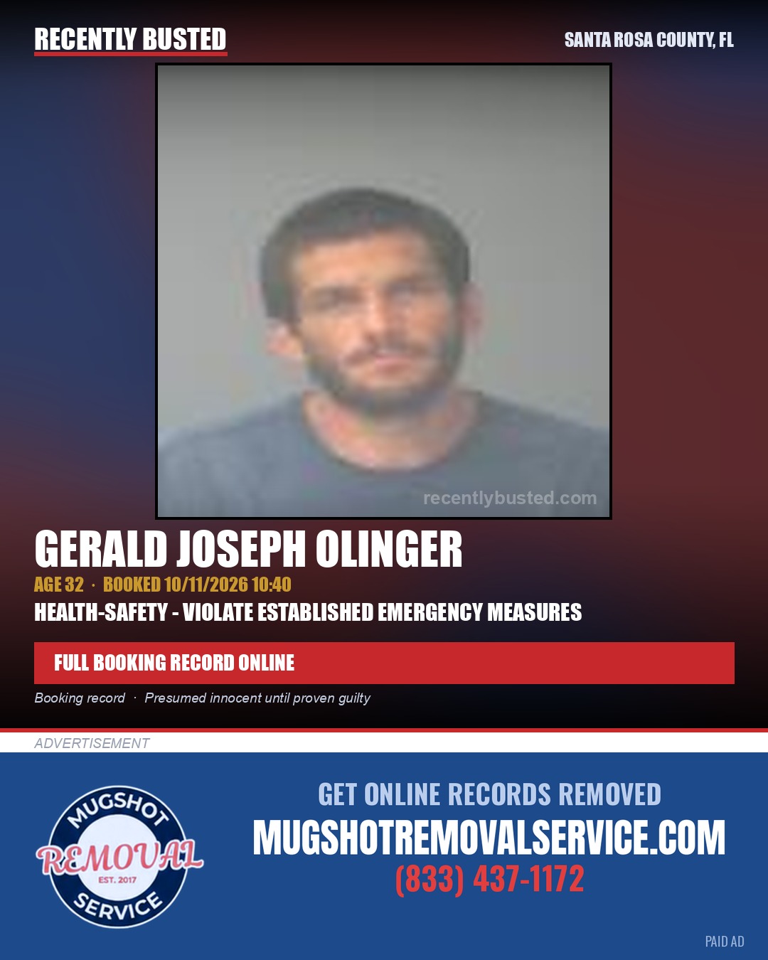 Gerald Joseph Olinger — arrest record card, Santa Rosa County, Florida
