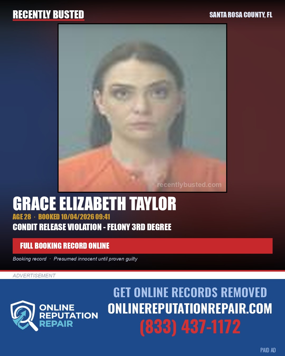 Grace Elizabeth Taylor — arrest record card, Santa Rosa County, Florida