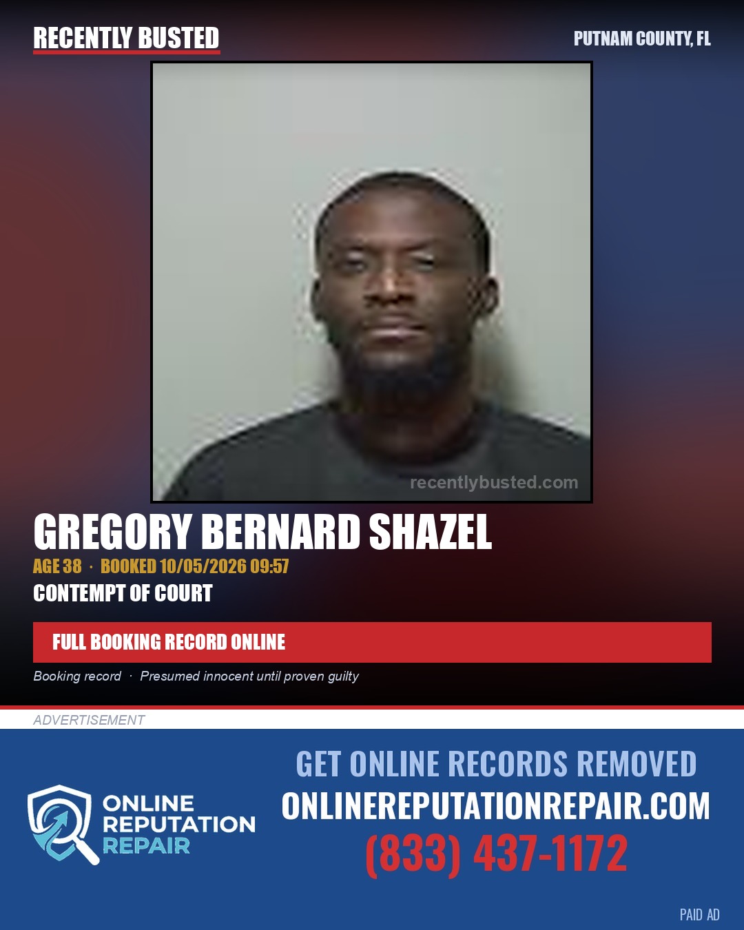 Gregory Bernard Shazel — arrest record card, Putnam County, Florida
