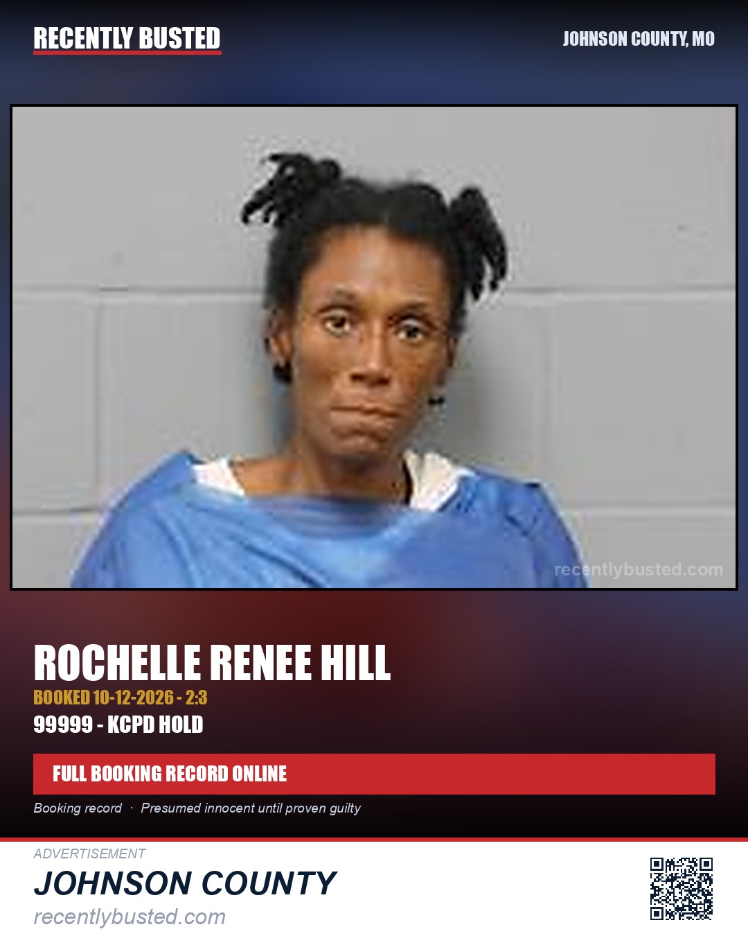 HILL, ROCHELLE RENEE — arrest record card, Johnson County, Missouri